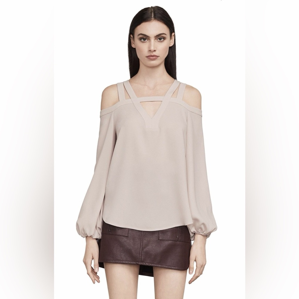 BCBGMAXAZRIA Tina cold shoulder long sleeve nude blouse